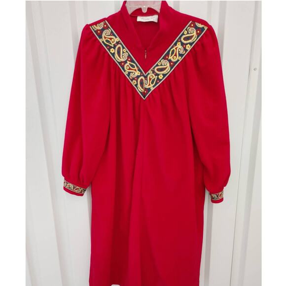 Vtg Vanity Fair House Coat Dacron Embroidered Night Dress Robe Zip Front Medium - Picture 1 of 5